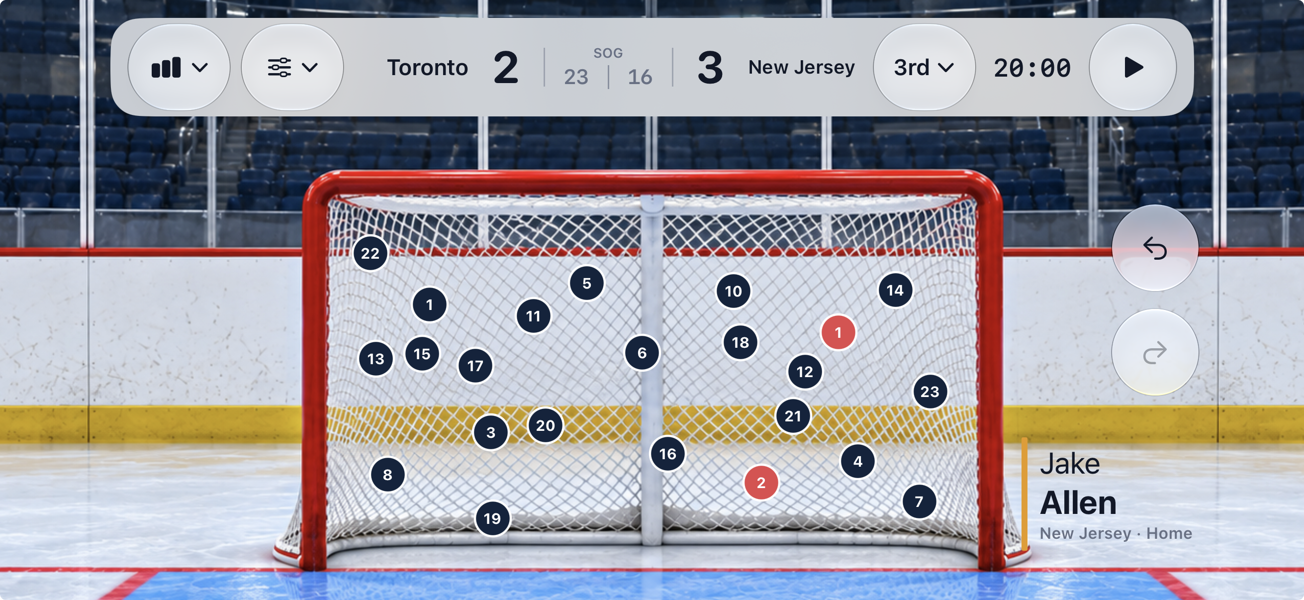 Shot On Goal tracking a hockey game in landscape mode